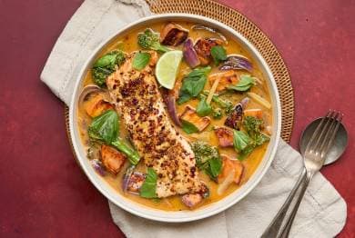 Roasted Salmon in Thai Red Coconut Curry Broth